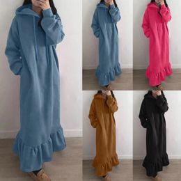 Casual Dresses Women Plus Size Solid Maxi Dress Long Sleeve Hooded Loose Sweater Autumn Winter Thicken Warm Pocket Sweatshirts