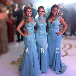 2022 Sexy Different Styles Bridesmaid Dresses For Weddings Lace Appliques Beads Sky Blue Mermaid Party Floor Length Maid Honor Gown Und 239S