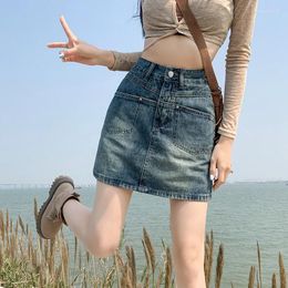 Women's Jeans Vintage Blue Denim Half-body Skirt Female 2024 High-waisted Thin A-line Design Sense Of Small People Package Hip