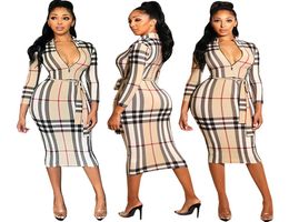 New casual dresses Plaid print long sleeve dress Skinny sexy club dress with belt Maxi Bandage Bodycon Dress plus size Women Vesti3927950