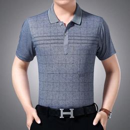 Middle Aged Men Fashion Casual Polo Shirts Summer Plaid Striped With Pockets Short Sleeve Male Clothes Breathable Slim Tops 240510