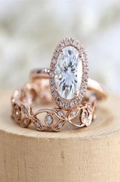 18K Rose Gold Filled Antique Design White Sapphire and Diamond Bridal Wedding Ring Set US Size 5122080775