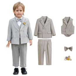 Suits Children Suit For Wedding Kids Jacket Vest Pants Bowtie Flower 5PCS Ceremony Tuxedo Dress Boys Photograph Performance Costume Y240516