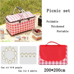 Outdoor Picnic Basket Lunch Box Bag Insulated Portable Camping Blanket Foldable Waterproof Mat Seat 240517