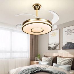 Contemporary Invisible Gold Ceiling Fan Lamps LED With 4 Retractable Acrylic Blades Lighting Groups Light
