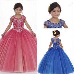 High Quality Beaded Crystals Royal Blue Girls Pageant Dresses 2020 New Sheer Neck Cap Sleeve Princess Formal Pageant Party Celebrity Go 292e