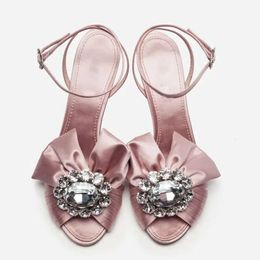 Ladies satin 2024 leather 10CM high heel sandals with buckle solid 3D Flower diamond peep-toe size 34-43 French style wedding party c941