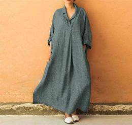 Autumn winter dress Plus Size Long Sleeve VNeck Cotton and Linen Maxi Dress AnkleLength casual dress UK2518685