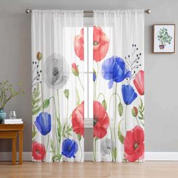 Window Treatments# Red And Blue Poppy Flowers Curtains Living Room Sheer Tulle Valances Kitchen Voile Curtain Bedroom Drape Y240517