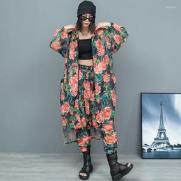 Women's Pants Two -pieces Floral Print Summer Set Chinese Style Casual Matching Kit Long Hooded Mesh Grid Outfit Thin Harem Trousers