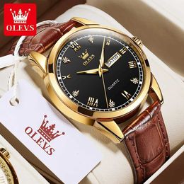 Wristwatches OLEVS Original Mens Quartz Watch Leather Strap Diamond Design Fashionable and Simple Business Watch Mens Automatic Date WatchL2304