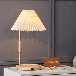 Table Lamps Nordic Log Wireless Charging Desk Lamp Simple And Luxurious Retro Night Pleated Solid Wood Bedside Decorative