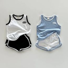 Summer Baby Boys Splicing Tank Top TeesShorts Set 2PCS Cotton Solid Vest Shorts Tracksuit Toddler Beach Loose Outfits 240516