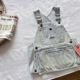 DD style Girls denim vest dresses summer kids stripe Distress splicing cowboy dress vintage children clothing S1385