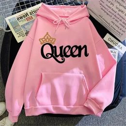 Women Pink Hooded Hoodie QUEEN Fleece Sweatshirts Cute Printing Sweater for Teenager Girls Sport Casual Pullover Top 240428