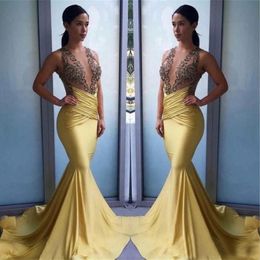 New Arrival African Mermaid Lace Prom Dresses Daffodil Jewel Neck Sleeveless Floor Length Holidays Party Gowns Plus Size Custom Made 254P