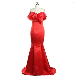 Party Dresses Evening Shiny Red Satin Off The Shoulder Ruffles Short Sleeves Mermaid Trumpt Floor Length Plus Size Dress B1005