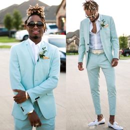 Mint Green Mens Suits Slim Fit Two Pieces Beach Groomsmen Wedding Tuxedos For Men Peaked Lapel Formal Prom Suit Jacket Pants 287J