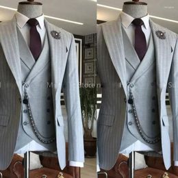 Men's Suits Blue Grey Navy Rope Stripe Wedding Tuxedos 3 Pieces Slim Fit Mens Suit Males Prom Blazer Trousers(Jacket Pants Vest)