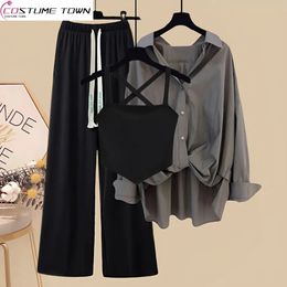 Spring and Summer Suit Womens Korean Fashion Retro Tank Top Casual Shirt Versatile Wide Leg Pants Three Piece Set 240516