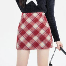 High Waist Vintage Red Plaid Woollen Short Pencil Skirt For Woman Autumn Winter Casual Slim Mini Saias Female 240517