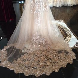 In Stock Wedding Veils Sequin Luxury Cathedral Bridal Veils Appliques Lace Edge White One Layers Custom Made Long Wedding Veil Fast Shi 296A