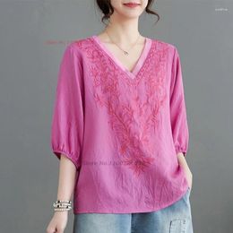 Ethnic Clothing 2024 Traditional Chinese Vintage Hanfu Tops National Flower Embroidery V-neck Blouse Oriental Improved Loose Streetwear