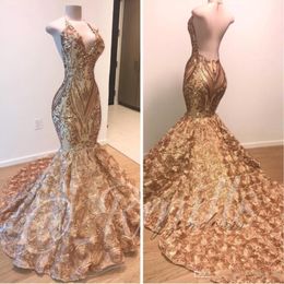 Elegant 2021 African Gold Prom Dresses Mermaid Halter V Neck 3D Flowers Sleeveless Evening Dress Long Arabic Dubai Party Gowns 288B