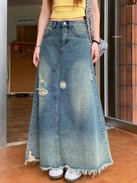 Skirts Long Women 2024 Spring Summer Mori Girl Style Vintage Broken Holes High Waisted Jean Skirt Ladies Tassel Denim