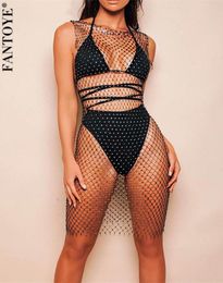 Sexy Crystal Diamond Dress Women Hollow Out Rhine Bodycon Summer Fishnet Mesh Beach Wear Party Vestidos5826043