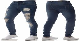 Trendy Men039s Super Skinny Ripped Hole Biker Denim Jeans Blue Black Summer Fashion Moustache Effect Hip Hop Trousers3149754