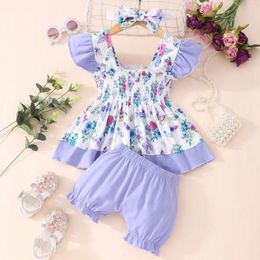 Clothing Sets 2024 Summer Baby Girl Set Square Neck Tie Butterfly Print Top Purple Shorts With Hairbands Comfortable Born Outfit 0-18M