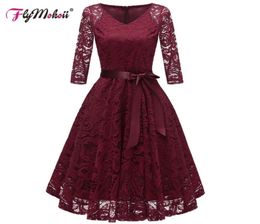 Autumn Plus Size VNeck Formal Dress Women Elegant Party Floral BallGown Red Short Sleeve Lace Ladies Bridesmaid Robe Wedding6009887