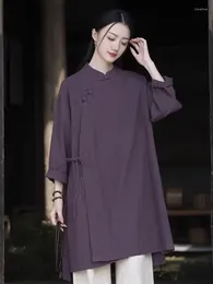 Ethnic Clothing 2024 Chinese Style Retro Cotton And Linen Tops China Traditional Women Mid-length Shirt Vintage Solid Color