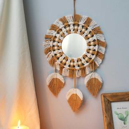 Decorative Objects Figurines Macrame Fringe Mirror Round Wall Mirrors Ornament for Decoration Home Bedroom Apartment Living Room Christmas Gift H240516