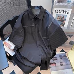 Men's Casual Shirts American High-end Handsome Blouse Striped Patchwork Short Sleeved Shirt Unisex Summer Loose Retro Hong Kong Style Jacket