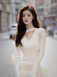 Casual Dresses Elegant Black Halter V-neck Long Sleeve Knitted Dress For Women Hepburn Style Slim Fit Solid Color OL All-Match Midi White