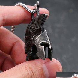 Pendant Necklaces Rock Black Spartan Necklace Stainless Steel Warriors Helmet Unique Amet Totem Mens Personalized Retro Indian Jewel Dhr7P