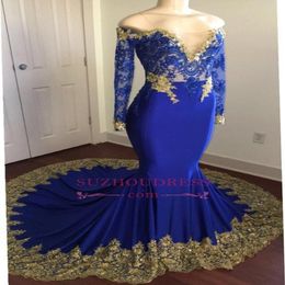 Luxury Off Shoulder Royal Blue Prom Dresses Sexy Long Sleeves Lace Appliqued Mermaid Evening Gown Long Formal Party Bridesmaid Dress 279D