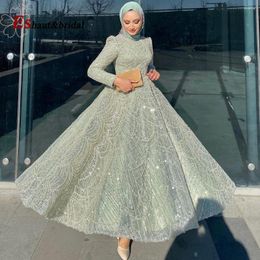 Party Dresses Elegant Dubai Peals Evening Dress For Women 2024 High Neck Long Sleeves Aline Ankle Length Formal Prom Wedding Gowns