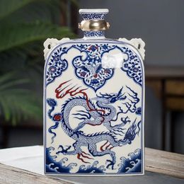 Highgrade Empty Bottle with Dust Cover Ceramic Blue and White Flat Creative Tenglong Sealed Wine Pot Liquor Altar H 240516