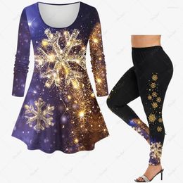 Women's Two Piece Pants Christmas Galaxy Colorblock Snowflake Sparkling Sequin Glitter 3D Print Long Sleeve T-shirt Or Leggings Casual