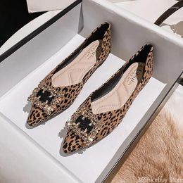 Casual Shoes Women Slip-on Loafers Rhinestone Square Botton Leopard Print Leather Flat Beautiful Pointed Toe Boat 35-43