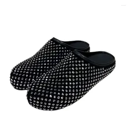 Slippers Rivet Crystal Platform Woman Mule Shoe Round Toe Thick Sole Half Slipper Designer Shiny Rhinestone Flat For
