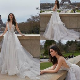 Beach Wedding Dresses Deep V Neck Lace Boho Bridal Dress Applique Backless Tiered Tulle Bohemian Wedding Gowns 306h