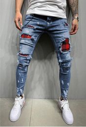 Breathable and Comfortable Mens Jeans with Red and Black Plaid Pattern Hole Skinny Pants Cool Street Style8962793