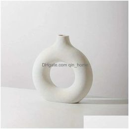 Vases 1Pc White/Beige Ceramic Vase For Decor Modern Home Boho Circle Round Donut Vas Drop Delivery Garden Dhfyo