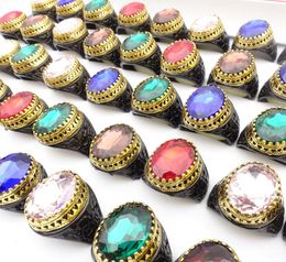 Whole 50PCsLot Mix Styles Vintage Womens Rings Black Plated Gold Side Glass Stone Mens Fashion Jewelry Party Gifts8906955