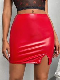 Skirts Women Sexy Bodycon Patent Leather Skirt Side Split PU Short Mini Stretchy Nightclub Pole Dance Wear Custom Summer Fashion