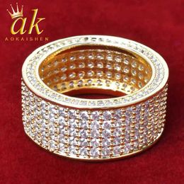 Band Rings 5 Rows CZ Mens R18 K Copper Charm Golden Cubic Zirconia Ice Fashion Hip Hop Jewellery J240516